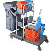 Servisný upratovací vozík 2x6L a 2x25L vedrá, 2 vaničky,chrómová konštrukcia, žmýkací lis, 120L PVC nádoba
