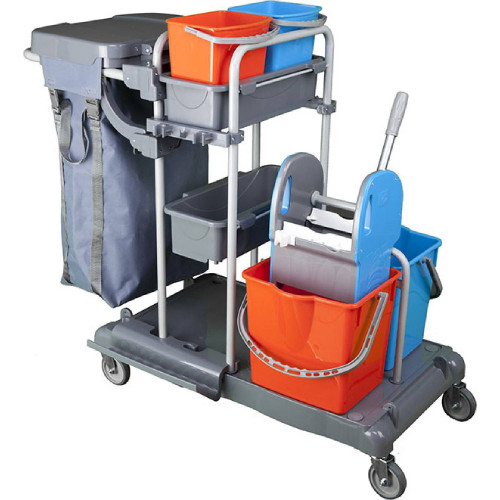 Servisný upratovací vozík 2x6L a 2x18L vedrá, 2 vaničky,plastovo-chrómová konštrukcia, žmýkací lis, 120L PVC nádoba