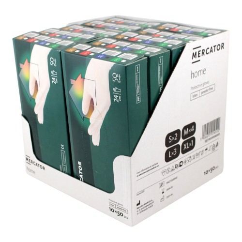 Latexové rukavice MERCATOR HOME jednorázové nepúdrované 2xS,4xM,3xL,1xXL, 10 bal./500 ks