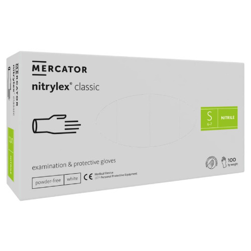 Nitrilové rukavice jednorázové MERCATOR nitrylex classic – biele S 100ks Nitrilové rukavice jednorázové MERCATOR nitrylex classic – biele S 100ks