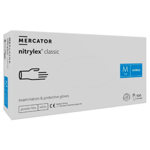 Nitrilové rukavice jednorázové MERCATOR nitrylex classic – biele M 100ks Nitrilové rukavice jednorázové MERCATOR nitrylex classic – biele M 100ks