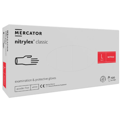 Nitrilové rukavice jednorázové MERCATOR nitrylex classic – biele L 100ks Nitrilové rukavice jednorázové MERCATOR nitrylex classic – biele L 100ks